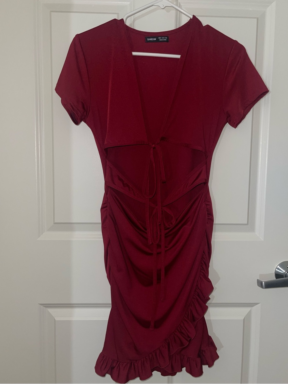 SHEIN Burgundy Red Tie-Front Ruffle Midi Dress